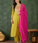 Yellow rayon kurta pent dupatta set