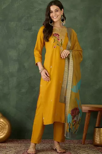 Yellow rayon kurta pent dupatta set