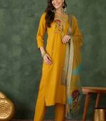Yellow rayon kurta pent dupatta set