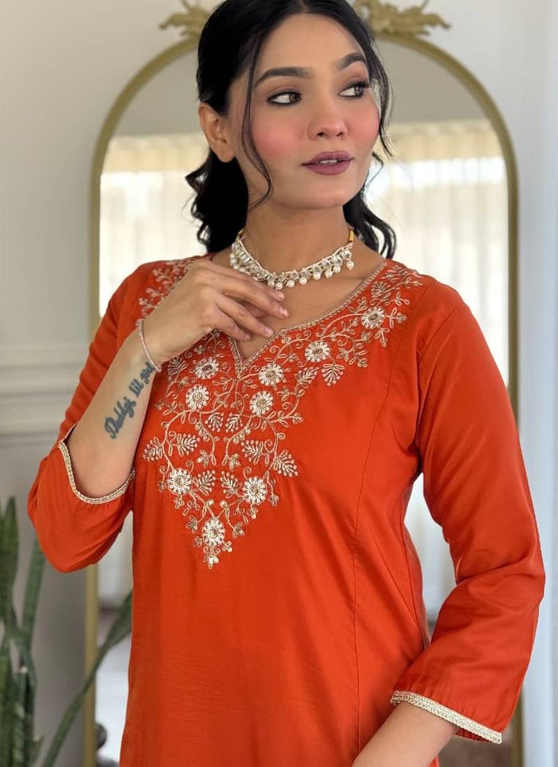 Orange viscose kurta pent dupatta set