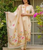 Cream viscose assam silk kurta pent dupatta set