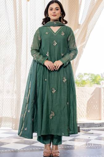Green chanderi silk anarkali pent dupatta set