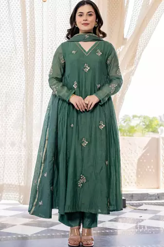 Green chanderi silk anarkali pent dupatta set