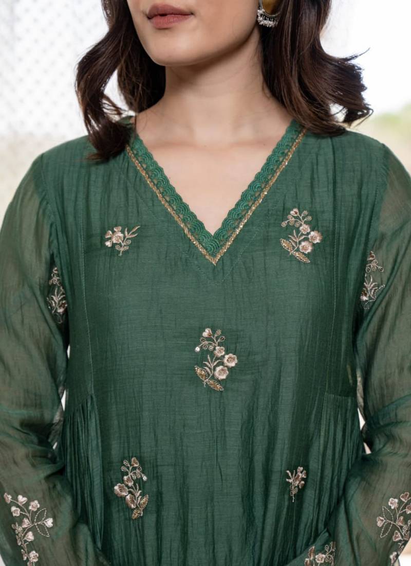 Green chanderi silk anarkali pent dupatta set