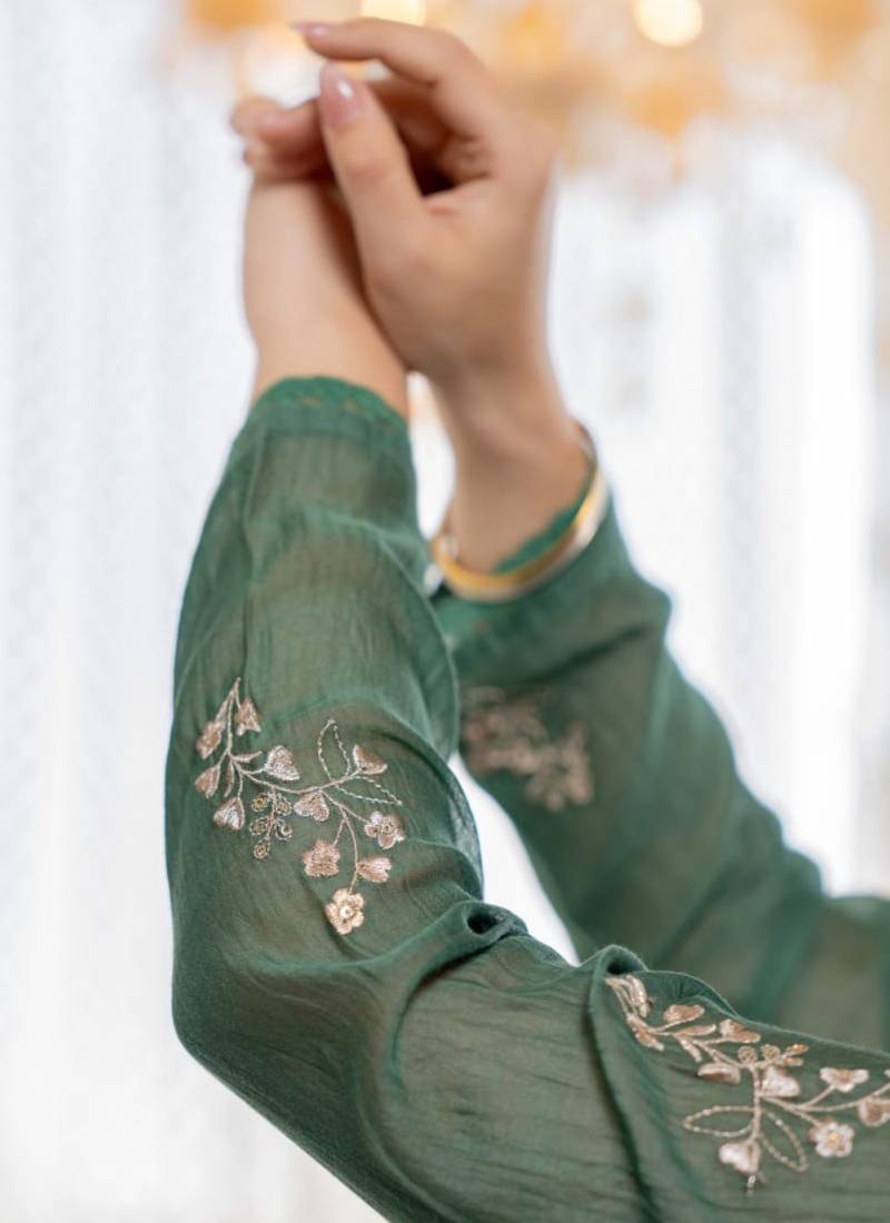 Green chanderi silk anarkali pent dupatta set