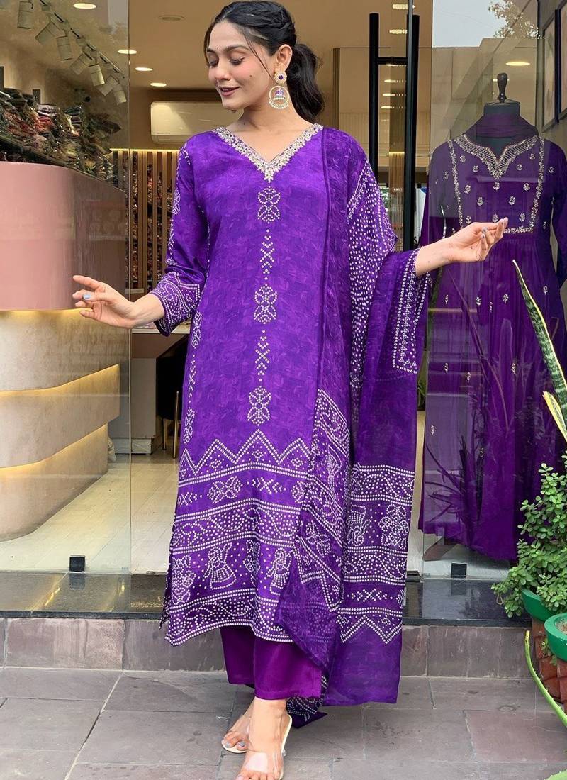 Purple french crepe kurta pent dupatta set