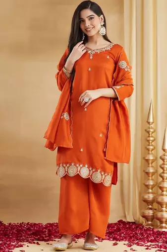 Orange vichitra silk kurta pent dupatta set