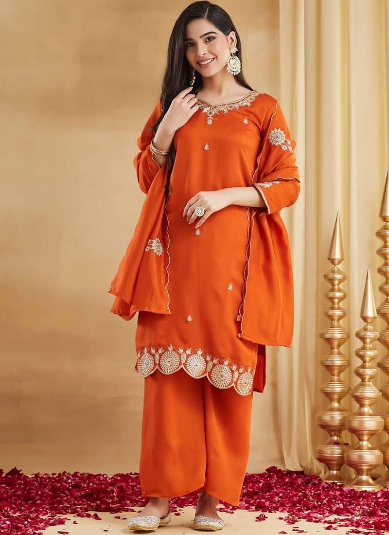 Orange vichitra silk kurta pent dupatta set