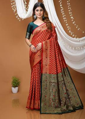 red silk blend jacquard weaving saree with matching blouse 1