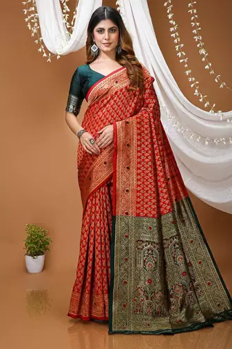 red silk blend jacquard weaving saree with matching blouse