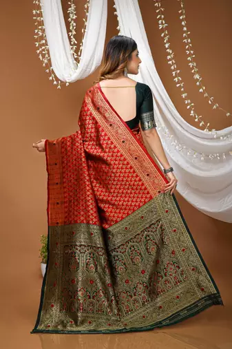 red silk blend jacquard weaving saree with matching blouse