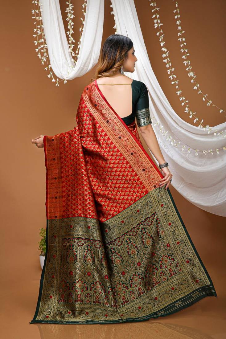 red silk blend jacquard weaving saree with matching blouse