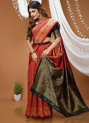 red silk blend jacquard weaving saree with matching blouse 4