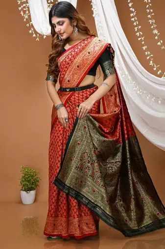 red silk blend jacquard weaving saree with matching blouse