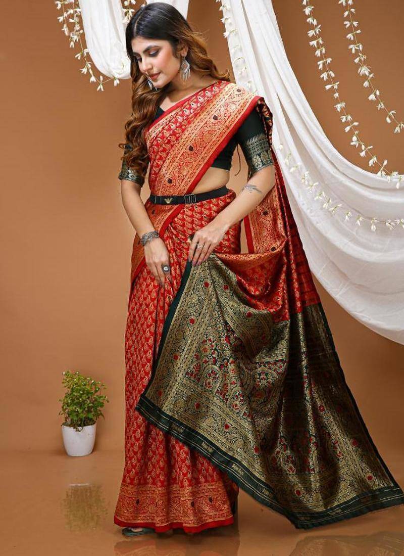 red silk blend jacquard weaving saree with matching blouse