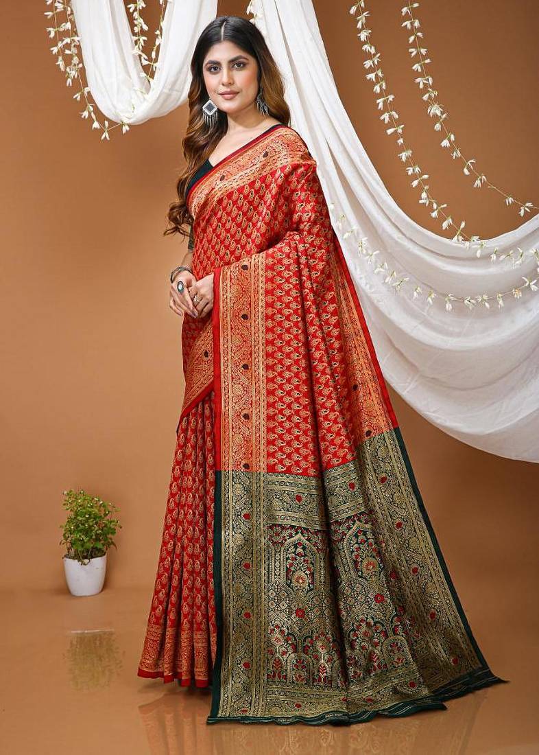 red silk blend jacquard weaving saree with matching blouse