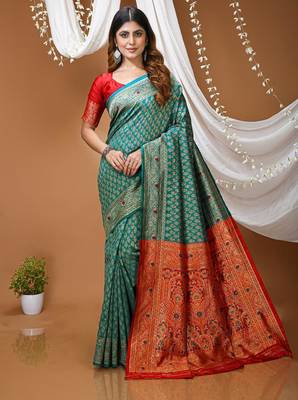 sky blue silk blend jacquard weaving saree with matching blouse 1