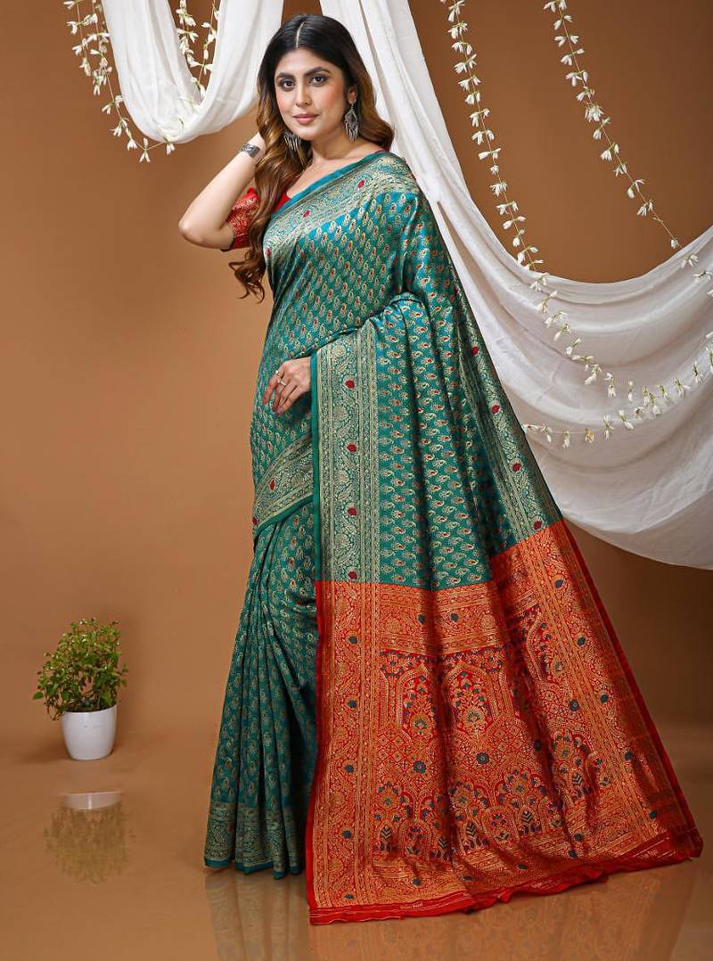 sky blue silk blend jacquard weaving saree with matching blouse