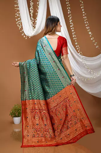 sky blue silk blend jacquard weaving saree with matching blouse