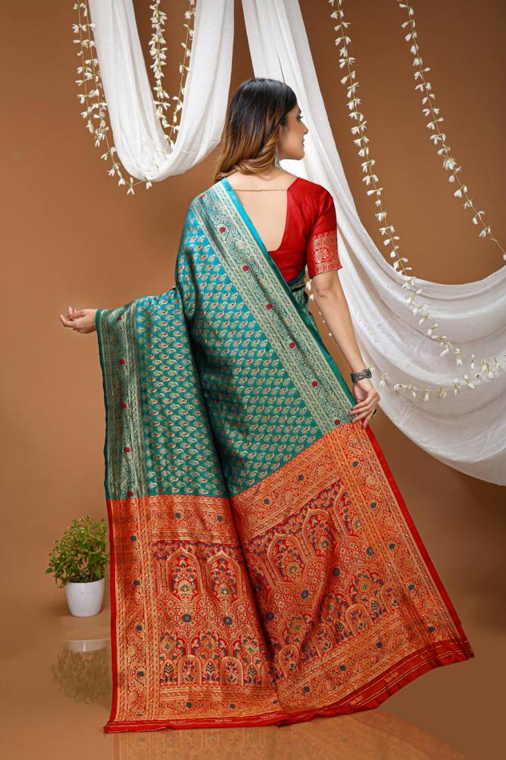 sky blue silk blend jacquard weaving saree with matching blouse