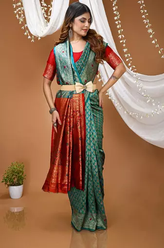 sky blue silk blend jacquard weaving saree with matching blouse