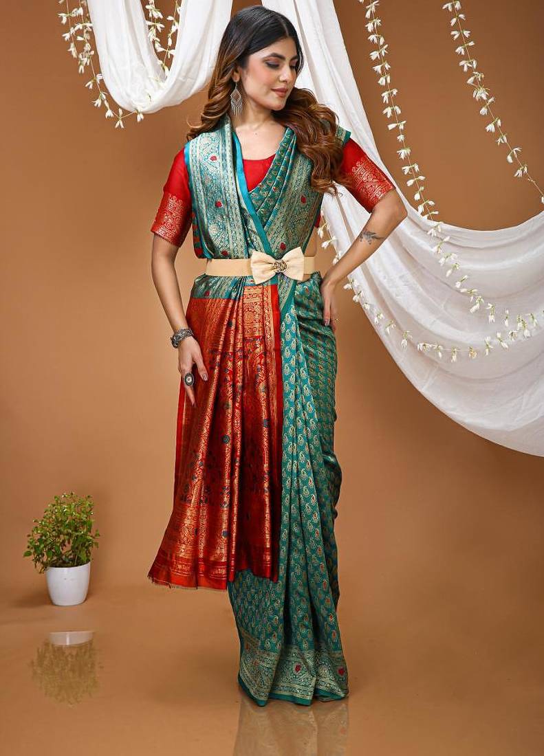 sky blue silk blend jacquard weaving saree with matching blouse