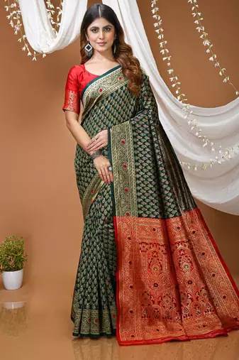 green silk blend jacquard weaving saree with matching blouse