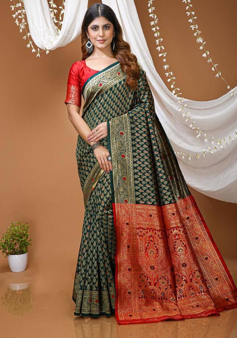 green silk blend jacquard weaving saree with matching blouse