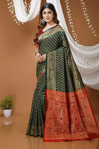 green silk blend jacquard weaving saree with matching blouse