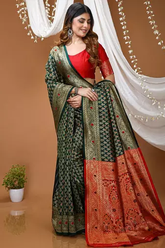 green silk blend jacquard weaving saree with matching blouse