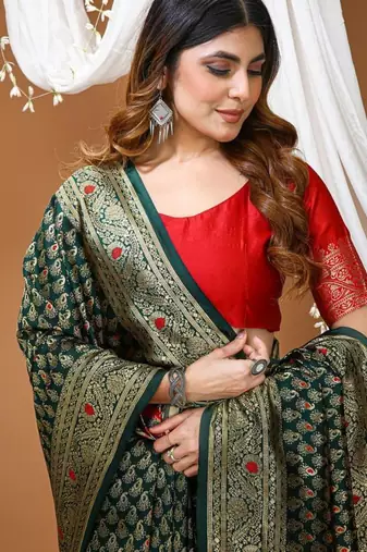 green silk blend jacquard weaving saree with matching blouse