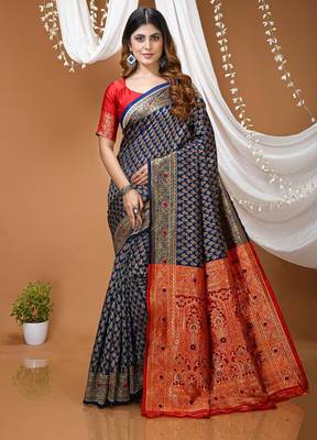 navy blue silk blend jacquard weaving saree with blouse 1