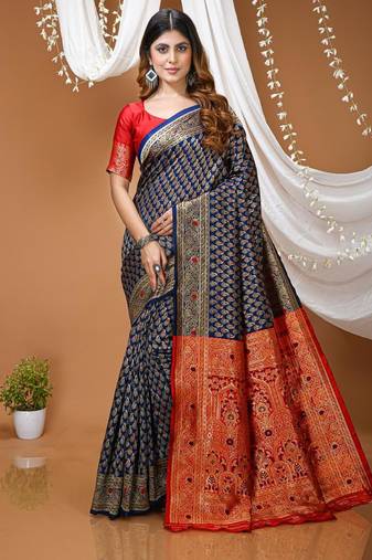 navy blue silk blend jacquard weaving saree with blouse