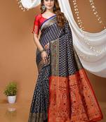 navy blue silk blend jacquard weaving saree with matching blouse