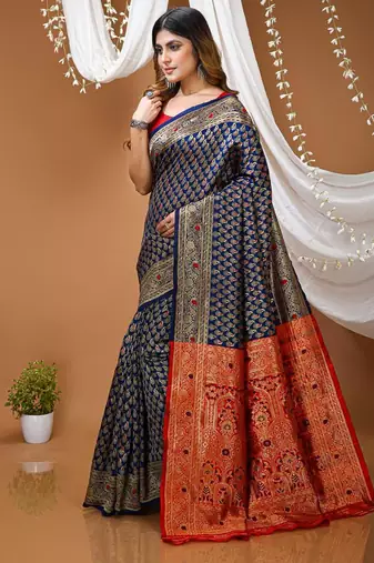 navy blue silk blend jacquard weaving saree with blouse