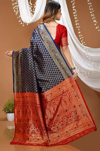 navy blue silk blend jacquard weaving saree with blouse