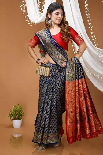 navy blue silk blend jacquard weaving saree with blouse