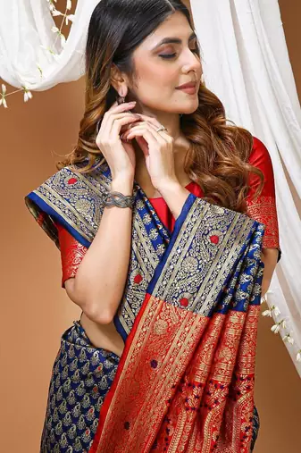 navy blue silk blend jacquard weaving saree with blouse