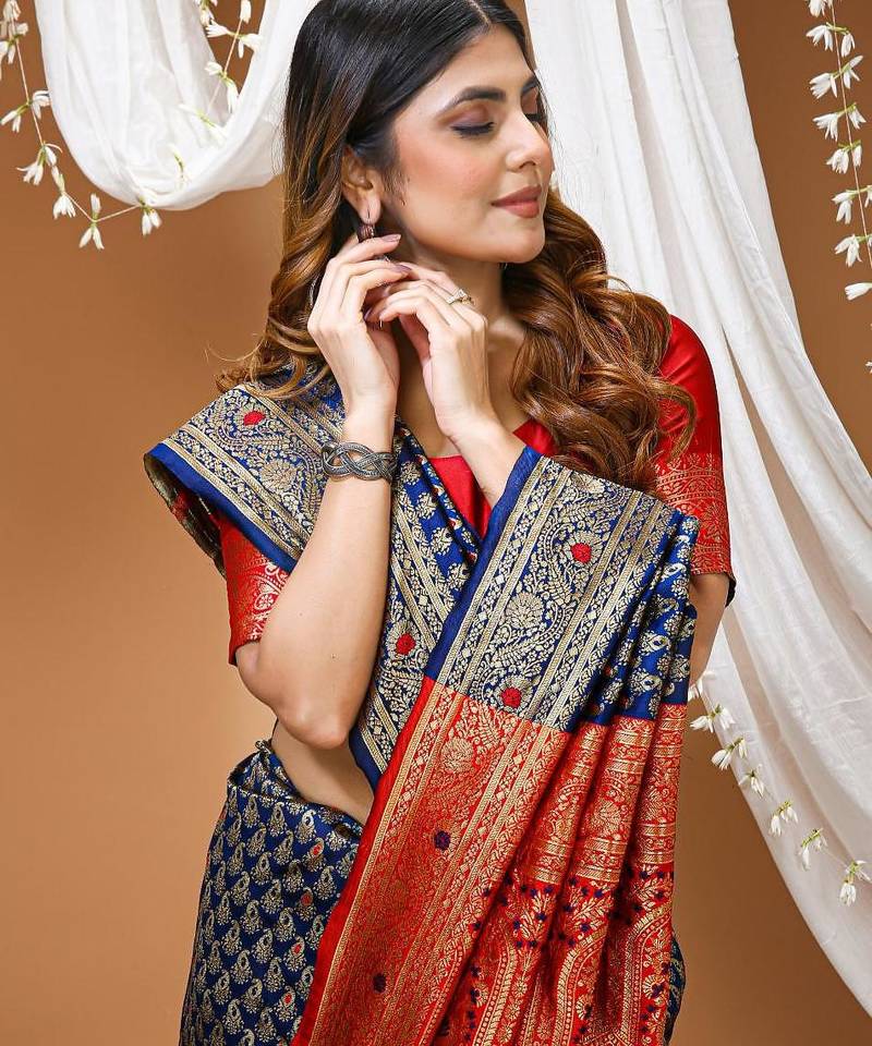 navy blue silk blend jacquard weaving saree with matching blouse