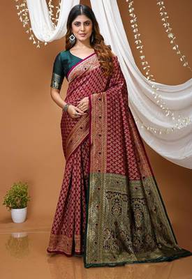 wine silk blend jacquard weaving saree with matching blouse 1