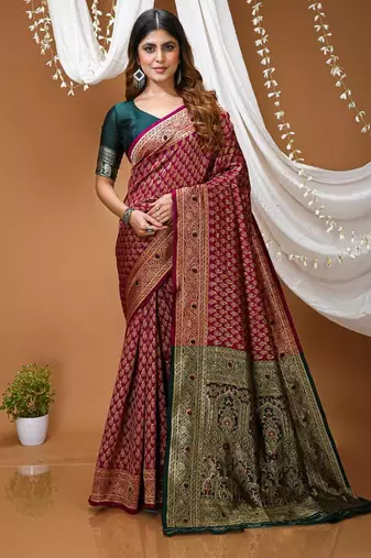 wine silk blend jacquard weaving saree with matching blouse