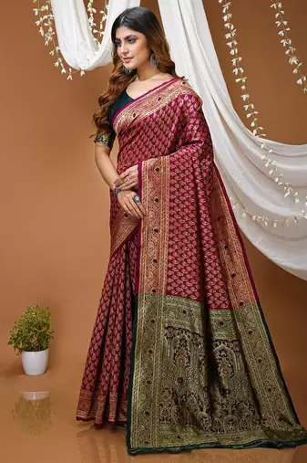 wine silk blend jacquard weaving saree with matching blouse