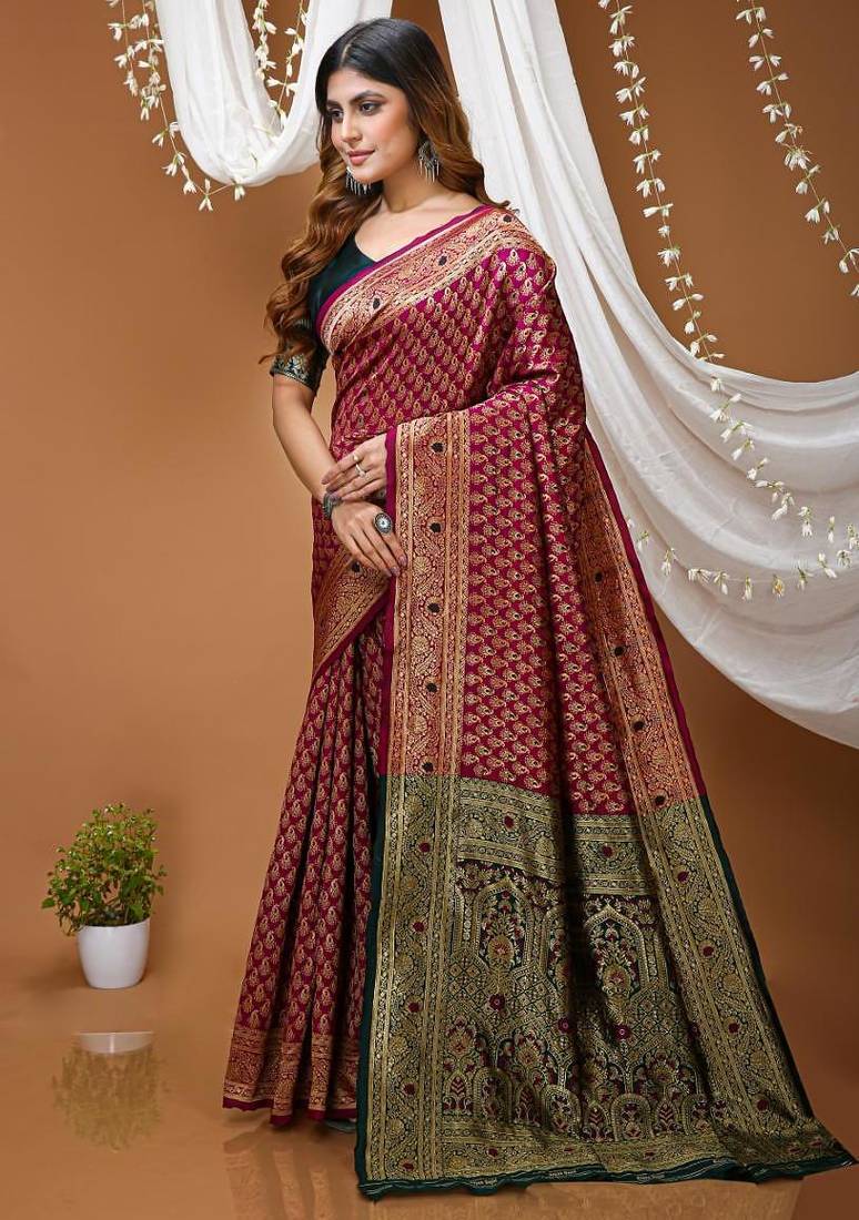 wine silk blend jacquard weaving saree with matching blouse
