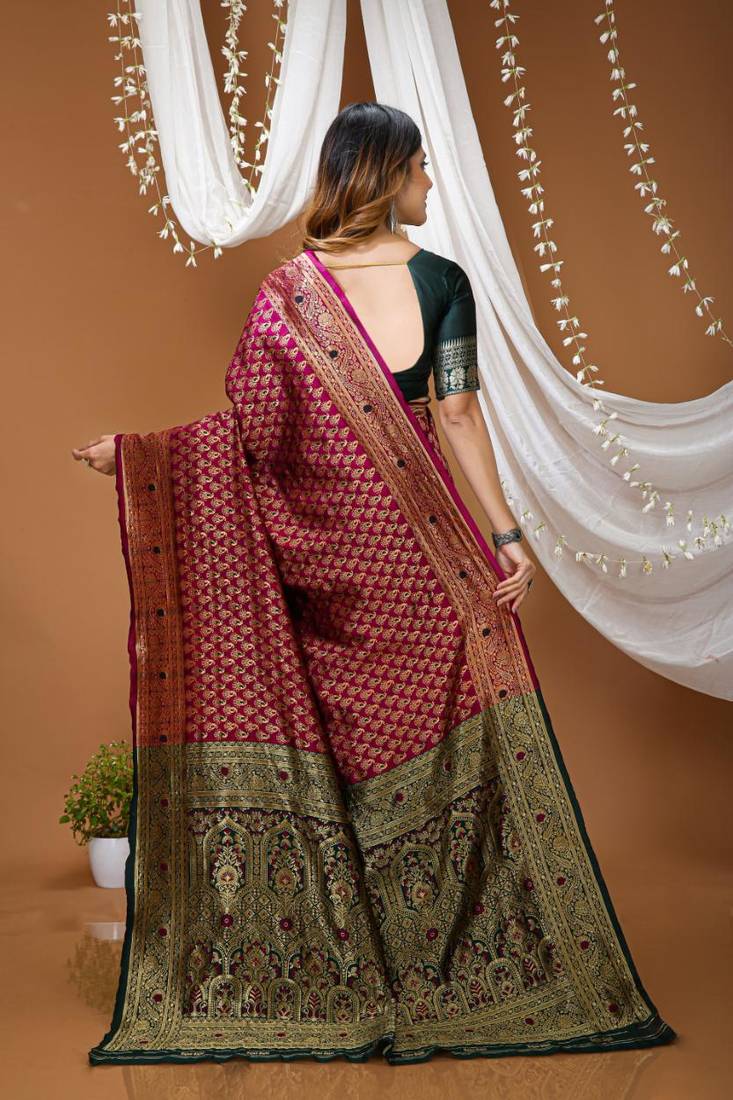 wine silk blend jacquard weaving saree with matching blouse
