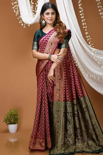 wine silk blend jacquard weaving saree with matching blouse