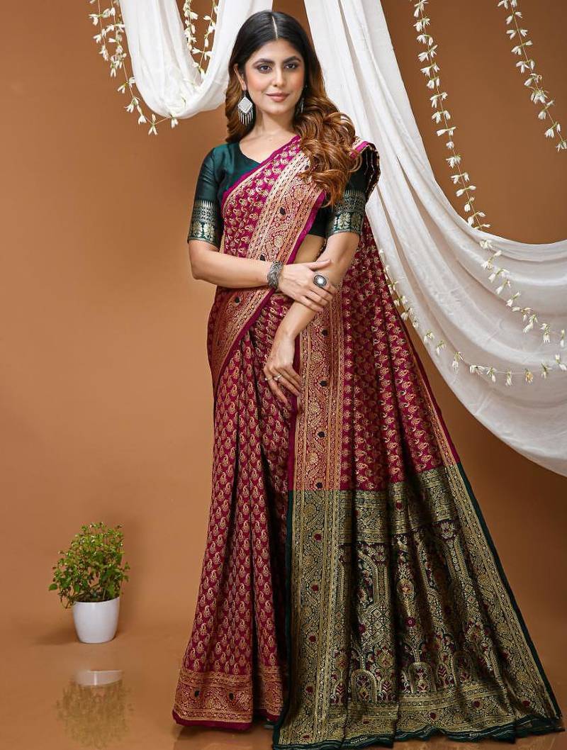 wine silk blend jacquard weaving saree with matching blouse