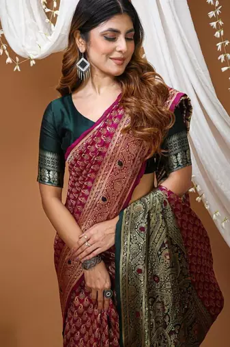 wine silk blend jacquard weaving saree with matching blouse