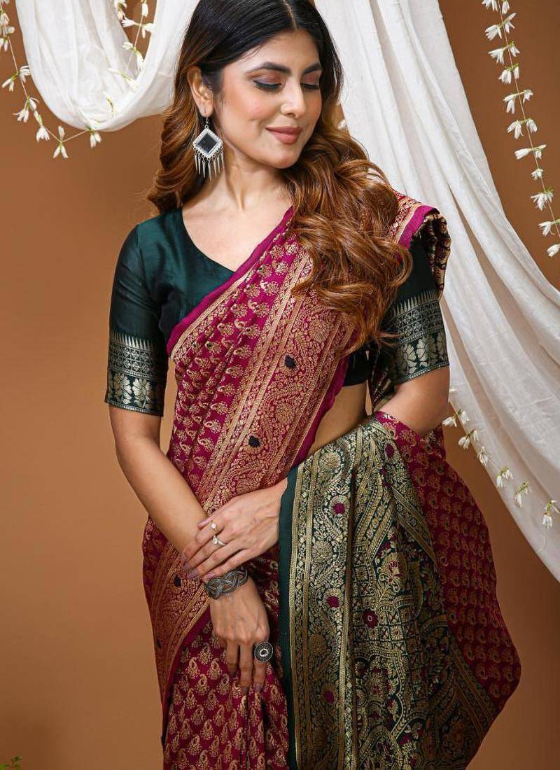 wine silk blend jacquard weaving saree with matching blouse