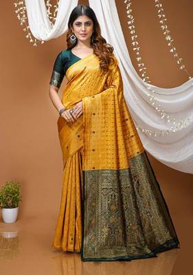 mustard yellow silk blend jacquard weaving saree with matching blouse 1