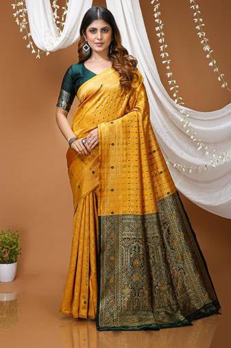 mustard yellow silk blend jacquard weaving saree with matching blouse